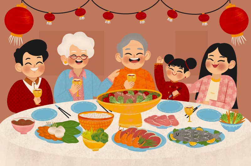 一家人在一起开心的吃年夜饭矢量素材
