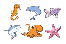 六个手绘风格的海洋动物矢量素材