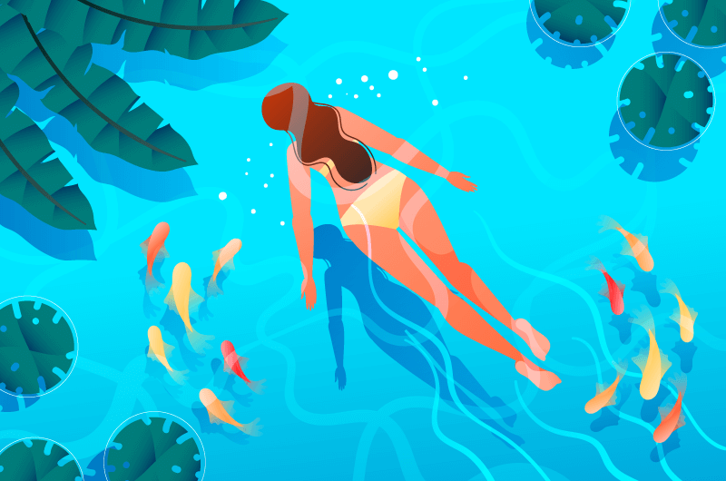 夏天女子在有鱼的水里游泳矢量素材