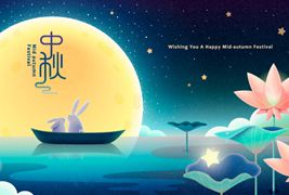 乘坐小船在荷塘里赏月的兔子设计中秋节banner矢量素材