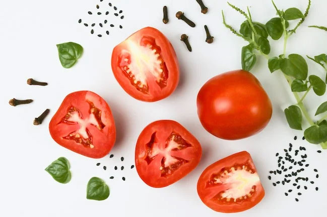tomato halves surrounded by basil leaves and peppercorns.