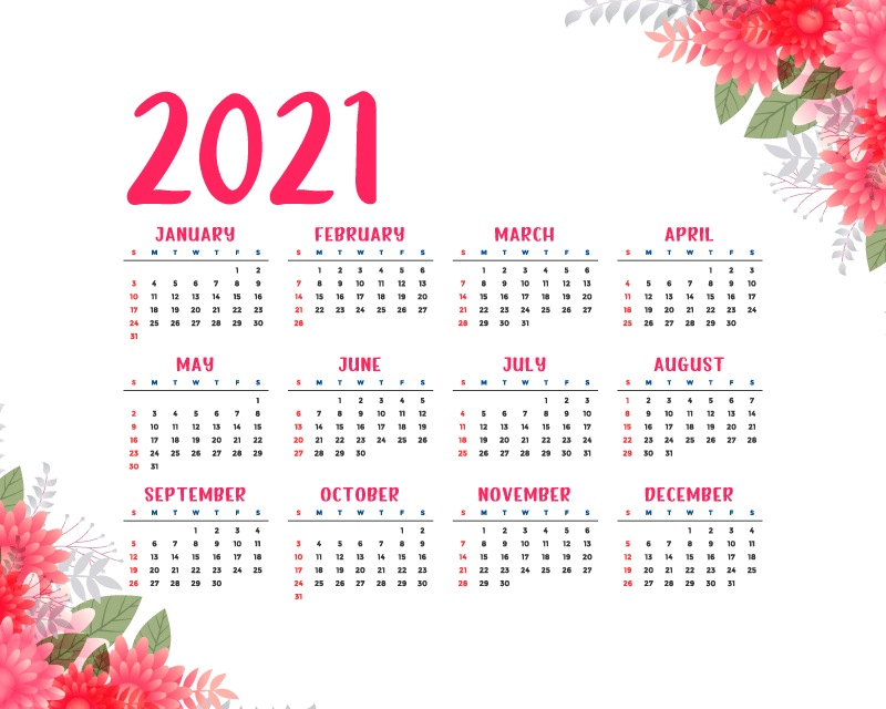 漂亮花卉设计2021年日历矢量素材(EPS)