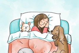 卡通风格和宠物一起睡觉的女子矢量素材