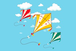 手绘风筝飞扬在蓝天矢量素材