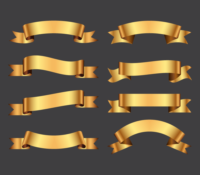 八个不同形状的金色丝带矢量素材(EPS)