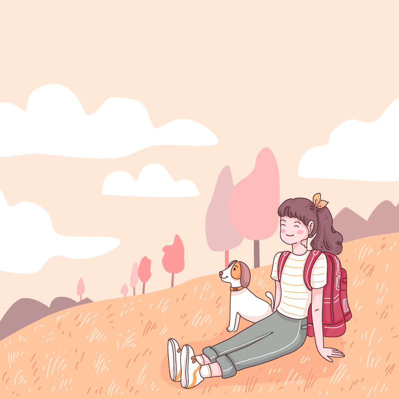 女孩和狗坐在山坡上矢量素材