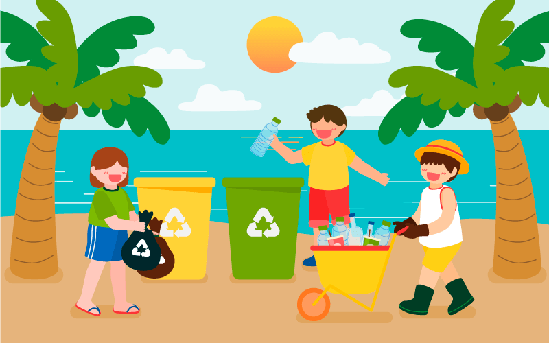 爱护环境收拾垃圾的孩子们矢量素材