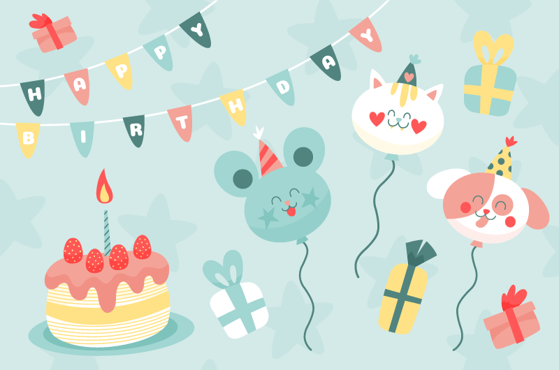 可爱的蛋糕和气球生日快乐背景矢量素材