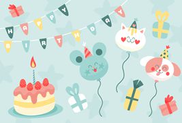 可爱的蛋糕和气球生日快乐背景矢量素材