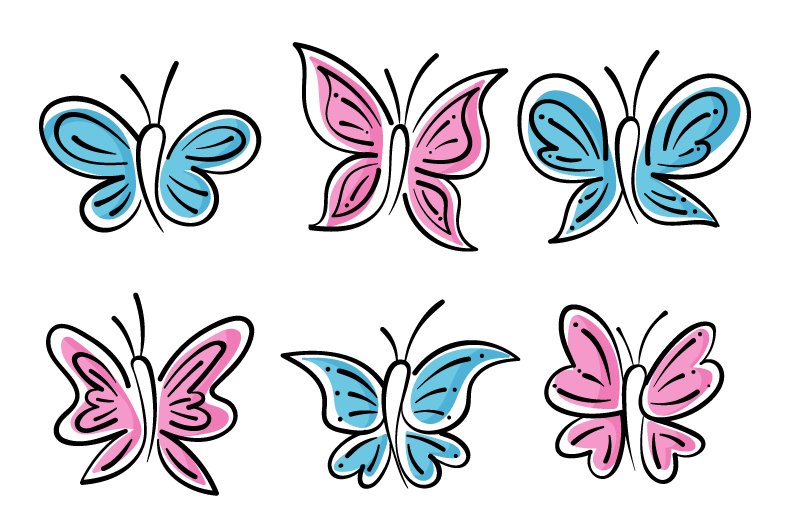六个手绘风格的蝴蝶矢量素材