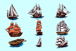 九个手绘风格的船/帆船矢量素材