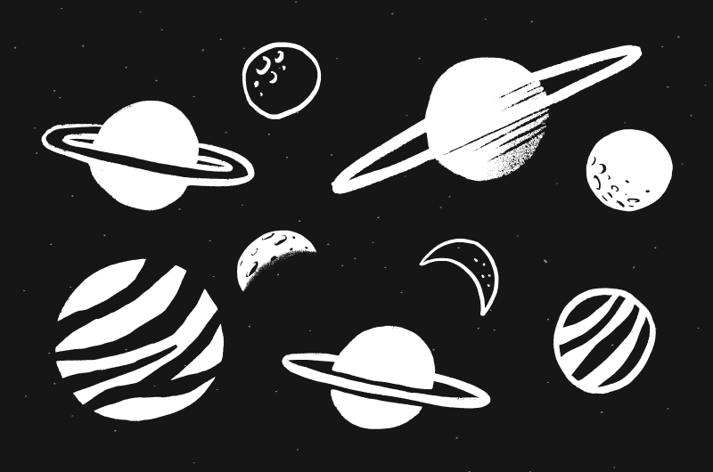 黑白涂鸦风格的太阳系矢量素材
