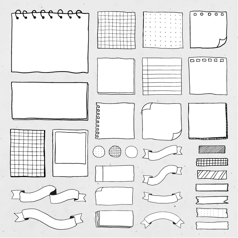 手绘黑白风格空白便签/纸条矢量素材