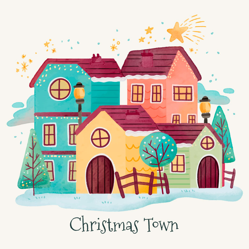 水彩画圣诞小镇背景矢量素材