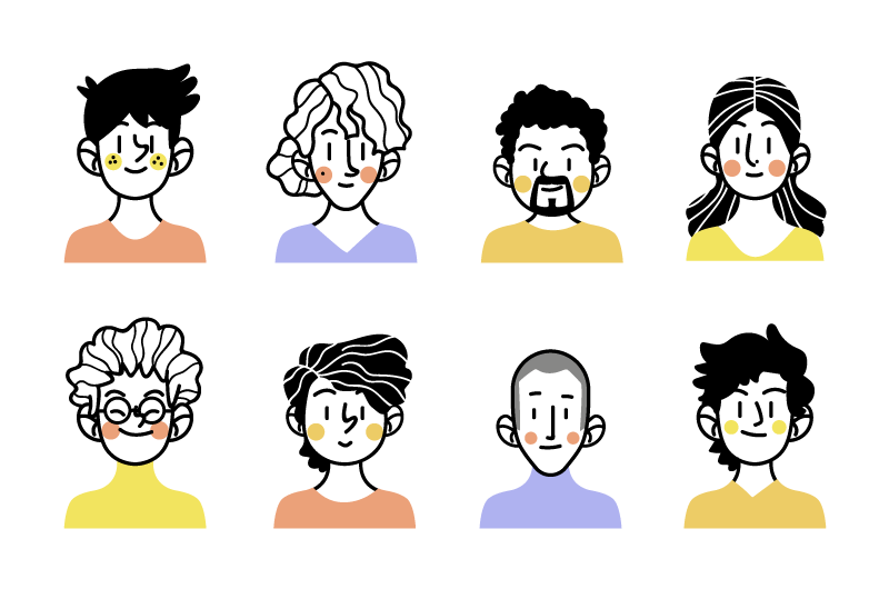 八个涂鸦风格的人物头像矢量素材