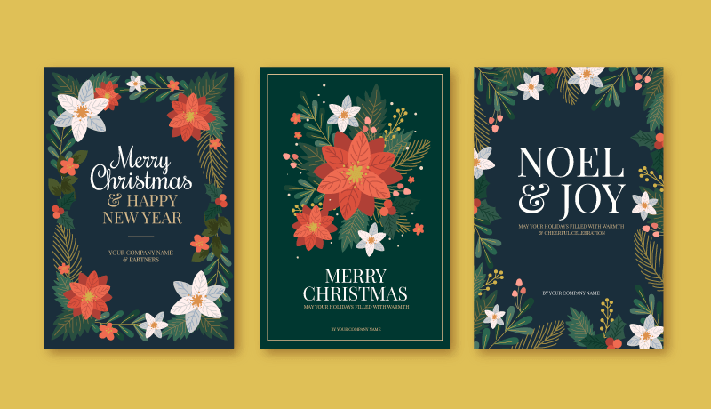 三张花卉设计的圣诞节卡片矢量素材