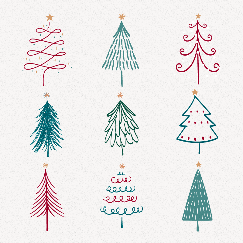 九棵涂鸦风格的圣诞树矢量素材