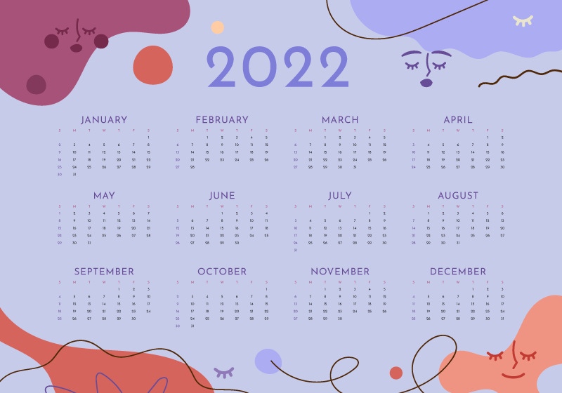 扁平可爱风格的2022年日历矢量素材