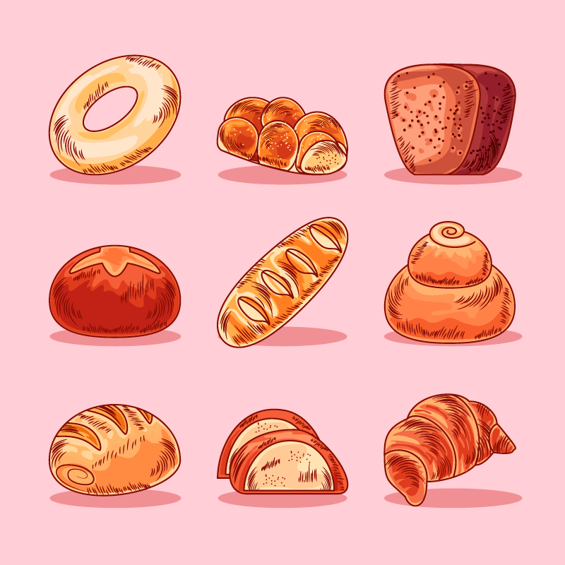 九种不同的面包矢量素材
