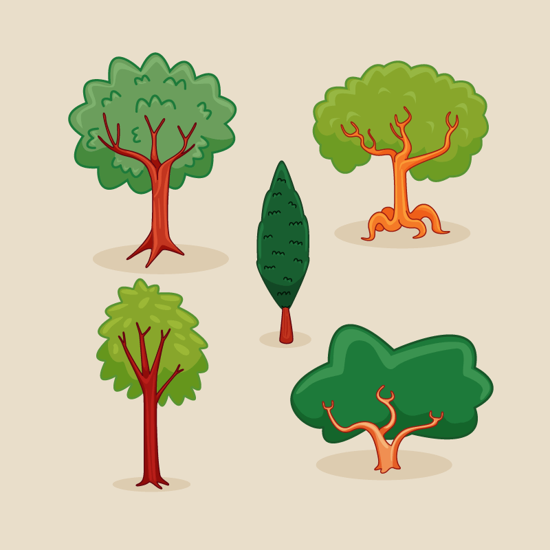 五棵手绘风格的植树节树木矢量素材