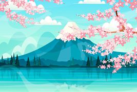 漂亮的富士山和樱花风景矢量素材