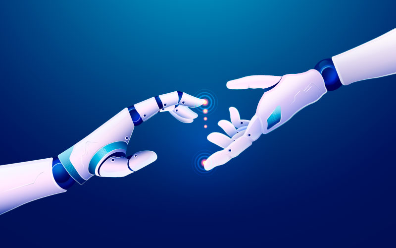 机械臂牵手设计AI科技背景矢量素材