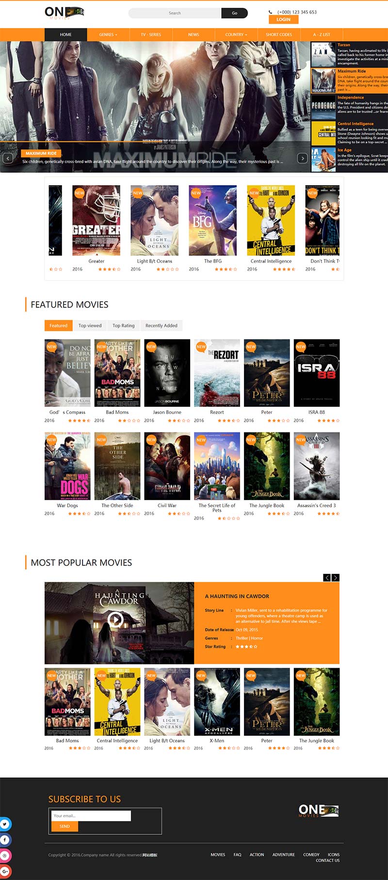 橙色的国外电影视频网站响应式模板html源码