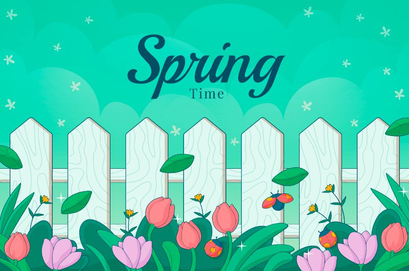 手绘风格美丽的花朵和围栏设计春天背景矢量素材